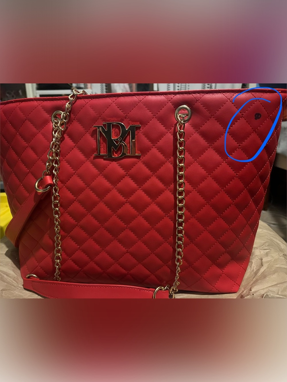 Badgley Mischka Red Quilted Tote Bag with Gold Chain- Small sharpie marker mark.